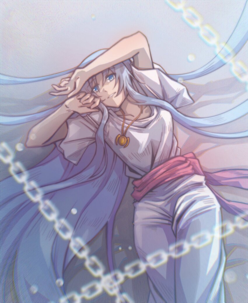 1girl ancient_ys_vanished arkibk blue_eyes blue_hair chain collarbone dress feena_(ys) highres jewelry long_hair looking_at_viewer lying necklace on_back parted_lips short_sleeves solo very_long_hair white_dress ys