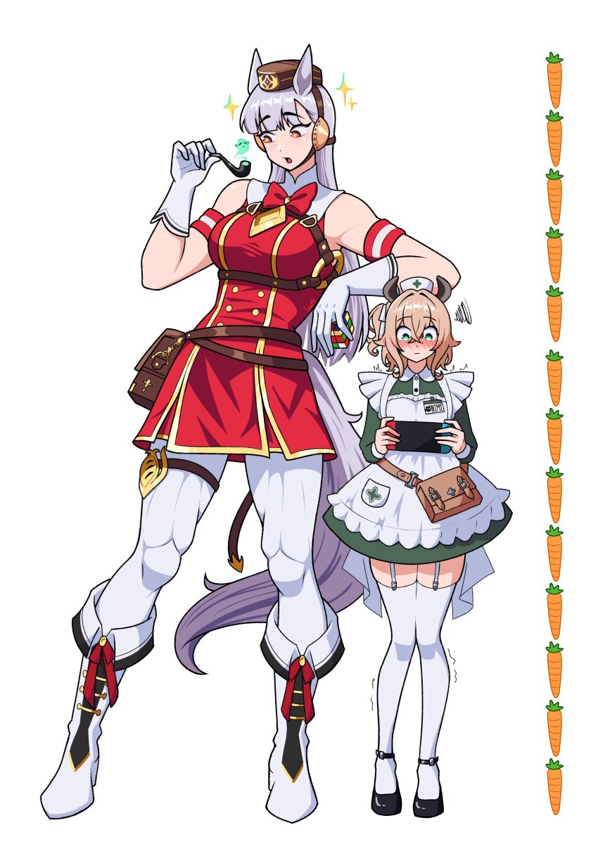 2girls absurdres animal_ears apron armband belt_pouch blonde_hair blush boots breasts dress garter_straps ginotty gloves gold_ship_(umamusume) green_dress green_eyes hat height_difference highres holding holding_smoking_pipe horse_ears horse_girl indie_virtual_youtuber large_breasts long_hair looking_down mary_janes medium_hair multiple_girls muscular muscular_female nervous nimi_nightmare nintendo_switch nurse_cap pillbox_hat pouch rubik&#039;s_cube shoes simple_background smoking_pipe tail tall_female tapir_ears tapir_girl thighhighs umamusume virtual_youtuber white_apron white_background white_hair