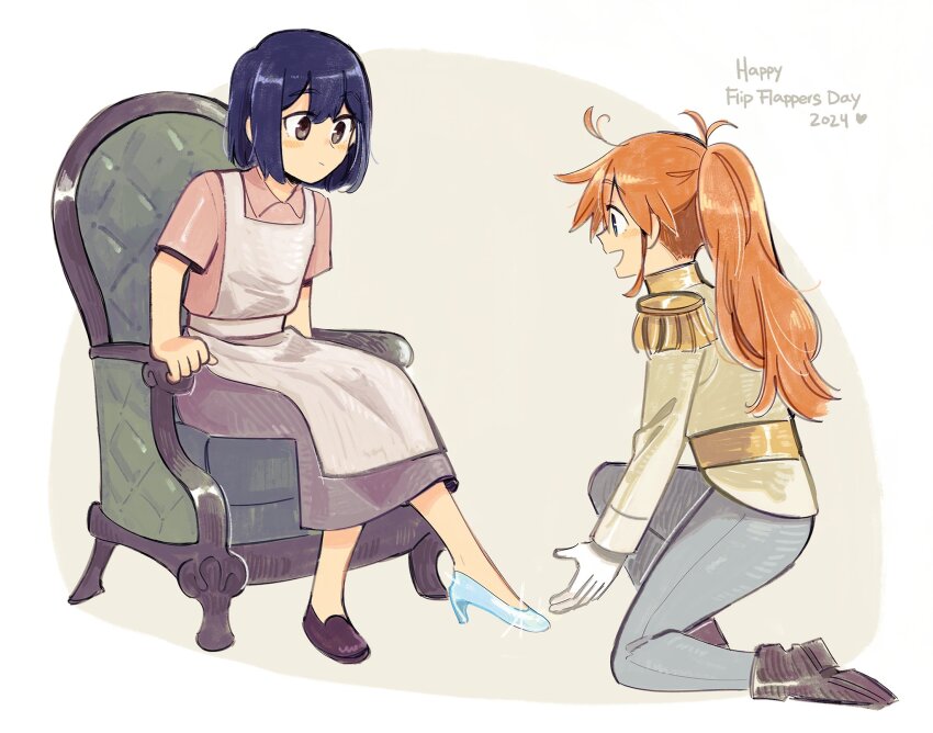 2girls ange_(angeban93) apron armchair black_footwear brown_eyes chair cinderella closed_mouth commentary english_commentary epaulettes flip_flappers glass_slipper gloves grey_skirt heart highres jacket kokomine_cocona long_hair long_sleeves multiple_girls open_mouth orange_hair papika_(flip_flappers) pink_shirt ponytail purple_hair shirt short_hair short_sleeves sitting skirt smile white_apron white_gloves yellow_jacket