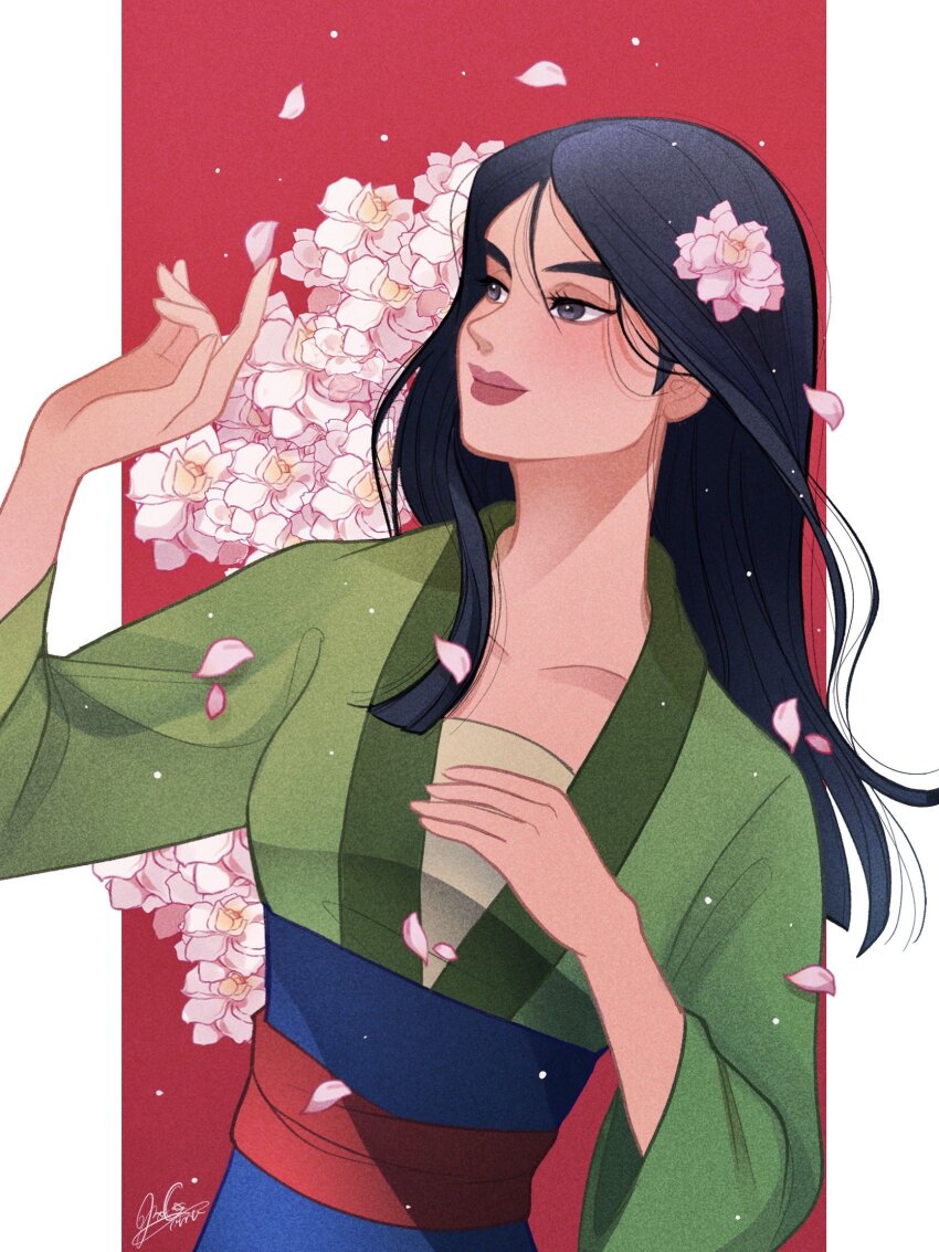 1girl black_hair breasts brown_eyes cherry_blossoms chinese_clothes dress fa_mulan_(disney) falling_petals hanfu highres lips lipstick makeup moko_eaka mulan_(movie) petals short_hair smile solo thick_eyebrows