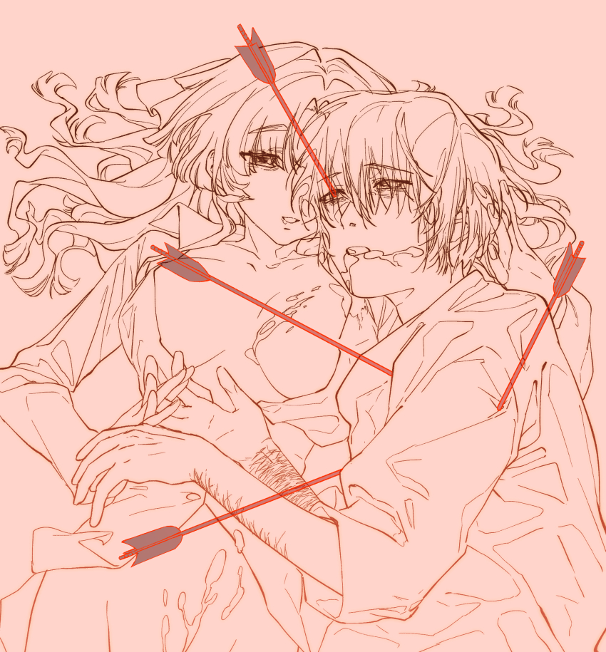 1boy 1girl arrow_(projectile) arrow_in_body arrow_in_head bags_under_eyes bleeding blood blood_from_mouth blood_on_chest bottomless breasts breasts_apart chinese_commentary commentary_request cum cum_on_body hair_over_eyes hair_spread_out hand_on_another&#039;s_head highres hitomi_hirosuke_(sayonara_wo_oshiete) holding_hands injury interlocked_fingers large_breasts long_hair looking_at_another lying monochrome multiple_scars object_through_head on_side open_clothes open_shirt out-of-frame_censoring pink_theme robe sayonara_wo_oshiete scar scar_on_arm self-harm_scar short_hair simple_background spot_color ueno_koyori upper_body yanquan_shui_bu_xing