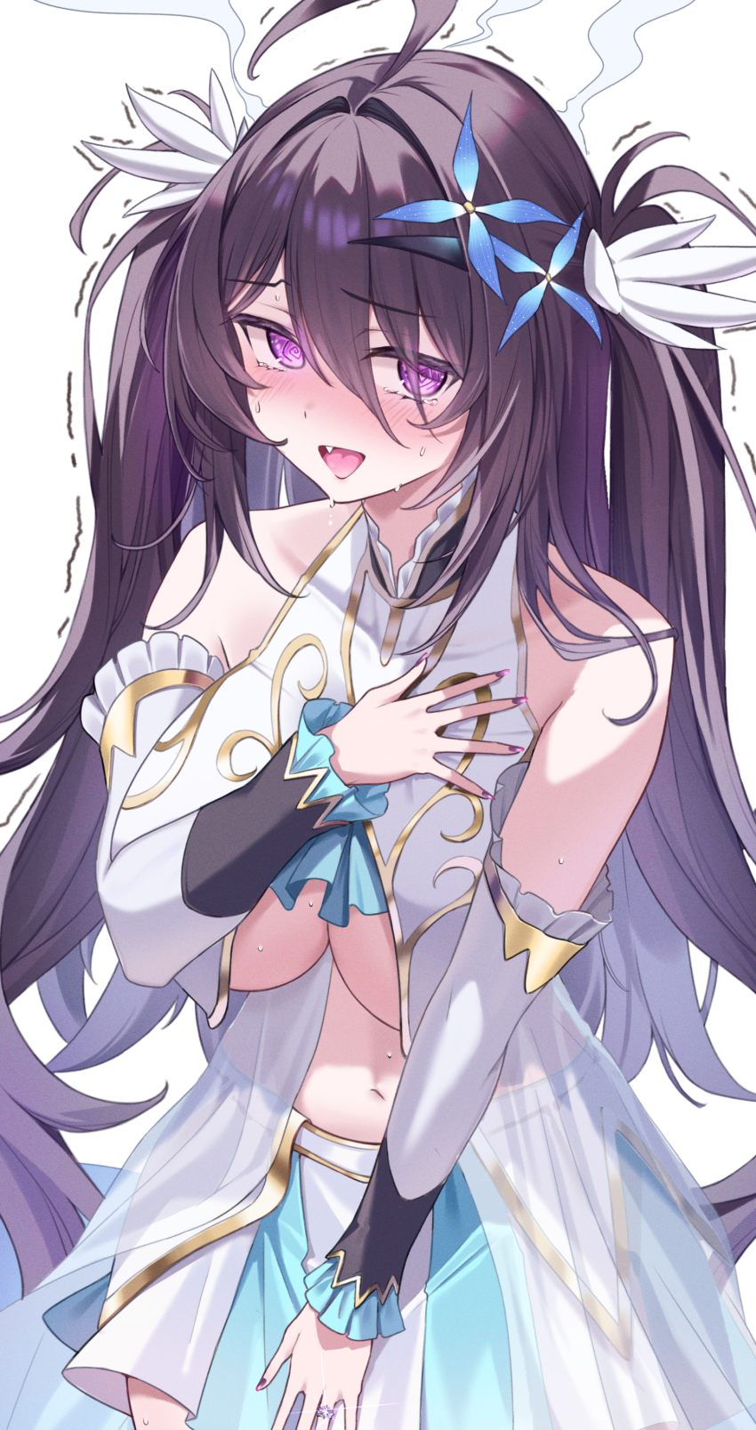 1girl @_@ absurdres ahoge azur_lane bare_shoulders blush breast_curtains breasts centaur_(azur_lane) centaur_(azur_lane)_(cosplay) commentary_request commission cosplay detached_sleeves dress embarrassed fang fingernails flower furrowed_brow gold_trim hair_between_eyes hair_flower hair_intakes hair_ornament halter_dress halterneck hand_on_own_chest hand_on_own_crotch hand_up head_steam highres jewelry large_breasts long_fingernails long_hair looking_at_viewer navel open_mouth pleated_skirt purple_eyes purple_hair purple_nails ring rubisco see-through_clothes simple_background skeb_commission skirt sleeveless sleeveless_dress solo standing stomach sweat tearing_up tongue trembling twintails two-tone_skirt underboob very_long_hair white_background white_dress white_skirt z11_(azur_lane)