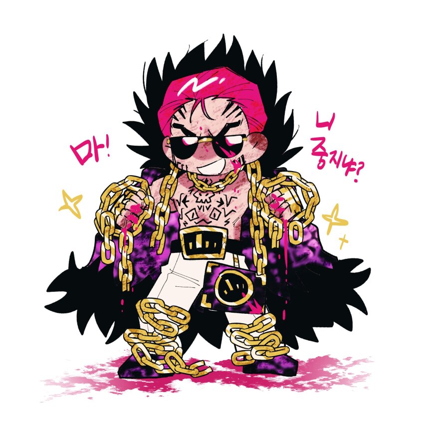 1boy belt chain chibi coat facing_viewer full_body gold_trim hair_slicked_back highres korean_text limbus_company nyak_138 open_mouth pants pink_hair project_moon purple_coat ricardo_(project_moon) simple_background smile solo tattoo translation_request white_background white_pants