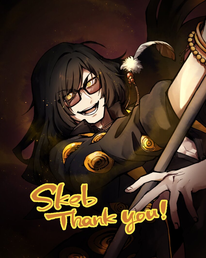 1boy black_coat black_hair bracelet coat commission e.g.o_(project_moon) employee_(project_moon) eyeball feathers highres jewelry lamp_(e.g.o) lobotomy_corporation long_hair long_sleeves looking_at_viewer necklace nugget_(project_moon) open_mouth original project_moon sidelocks skeb_commission smile solo sunglasses yatsumeunagi yellow_eyes