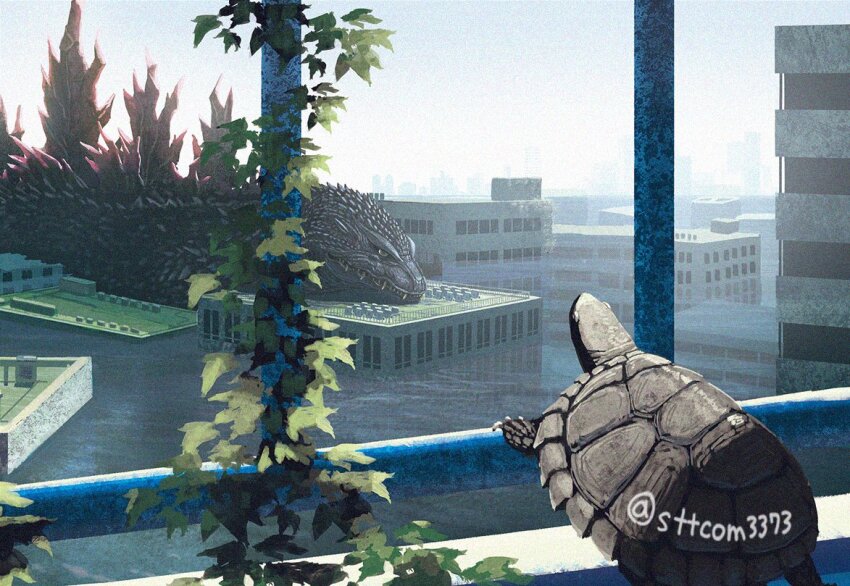 air_conditioner animal apartment balcony blue_sky building city cloud day ears flood giant giant_monster godzilla godzilla_(series) godzilla_2000:_millennium kaiju lying monster no_humans on_stomach plant realistic sea_monster sharp_teeth sky spikes suttoko tail teeth toho turtle vines water yellow_eyes