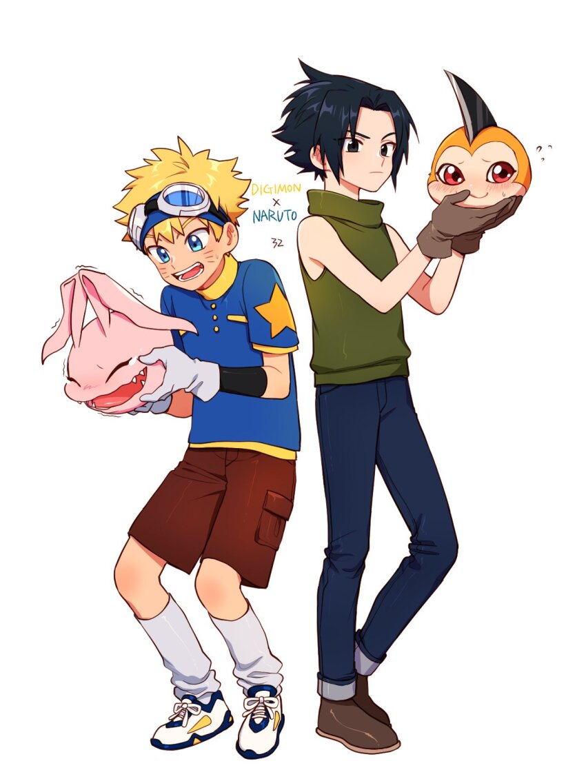 2girls cosplay digimon digimon_adventure highres ishida_yamato ishida_yamato_(cosplay) koromon multiple_girls naruto_(series) simple_background tunomon uchiha_sasuke uzumaki_naruto white_background yagami_taichi yagami_taichi_(cosplay)