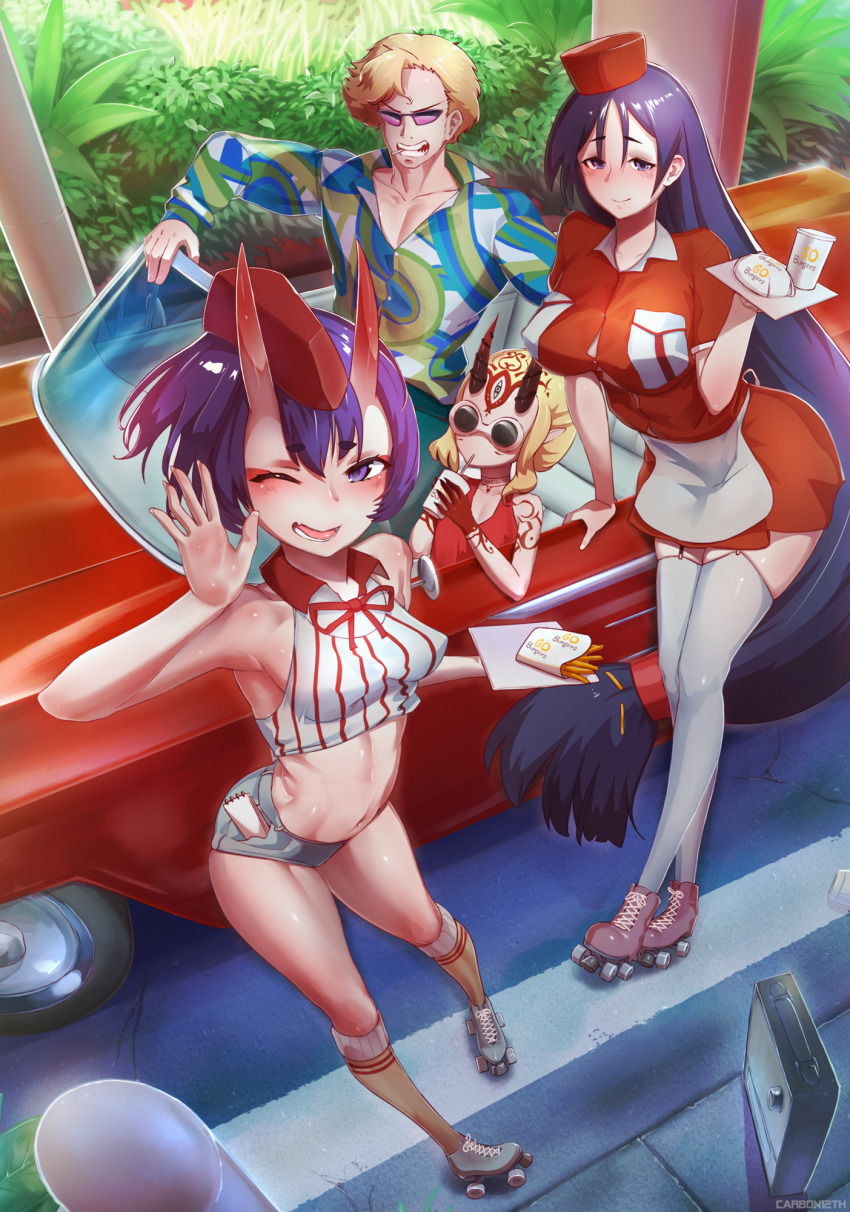 1960s_(style) 1boy 3girls absurdly_long_hair blonde_hair bob_cut breasts burger car carbon12th drinking employee_uniform eyeliner eyeshadow facial_mark fast_food fast_food_uniform fate/grand_order fate_(series) fingernails food forehead_mark french_fries highres horns ibaraki_douji_(fate) inline_skates kneehighs large_breasts long_hair looking_at_viewer low-tied_long_hair makeup minamoto_no_raikou_(fate) motor_vehicle multiple_girls oldschool oni parted_bangs pointy_ears purple_eyes purple_hair retro_artstyle roller_skates sakata_kintoki_(fate) sharp_fingernails short_eyebrows short_hair shuten_douji_(fate) skates skin-covered_horns socks sunglasses tattoo thighhighs very_long_hair