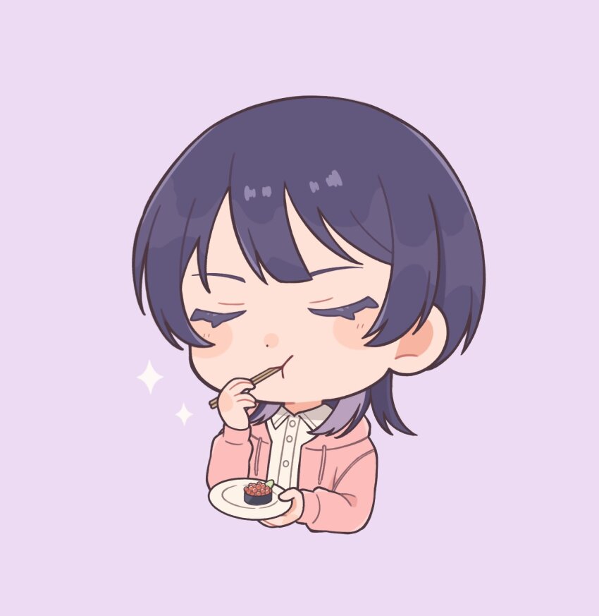 1girl :t blush chibi chibi_only chopsticks closed_eyes collared_shirt commentary_request cropped_torso dress_shirt eating fish_(food) food fujii_ayame futsuu_no_keion-bu gunkanmaki highres holding holding_chopsticks holding_plate hood hooded_jacket ikura_(food) jacket long_sleeves open_clothes open_jacket pink_jacket plate purple_background purple_hair purple_theme roe shirt simple_background solo sparkle sushi takamine_yotsuha u_u white_shirt wolf_cut