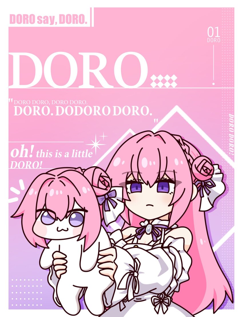 1girl bow closed_mouth concha_(mamecha) doro_(nikke) dorothy_(nikke) dress goddess_of_victory:_nikke highres pink_hair purple_eyes solo white_dress