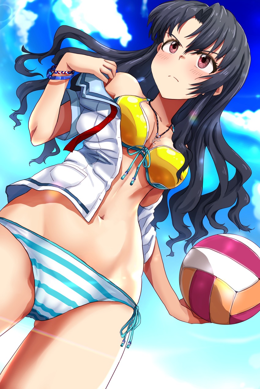 &gt;:( 1girl absurdres bad_id bad_pixiv_id ball bare_shoulders bikini black_hair blue_sky blush bracelet breasts closed_mouth cloud collarbone collared_shirt commentary_request cowboy_shot day dolphin_pendant dress_shirt dutch_angle female_focus floating_hair from_below front-tie_bikini_top front-tie_top gluteal_fold hair_between_eyes halterneck hand_up highres holding holding_ball idolmaster idolmaster_million_live! idolmaster_million_live!_theater_days jewelry lens_flare long_hair looking_away medium_breasts mismatched_bikini navel necklace no_eyewear off_shoulder open_clothes open_shirt outdoors pendant red_eyes run_p_(aveton) serious shirt short_sleeves side-tie_bikini_bottom sky solo standing stomach striped_bikini striped_bikini_bottom striped_clothes swimsuit takayama_sayoko undressing v-shaped_eyebrows volleyball volleyball_(object) white_shirt yellow_bikini