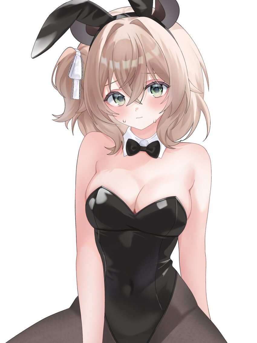 1girl animal_ears astrachan949 bare_shoulders black_leotard black_pantyhose blush breasts brown_hair cowboy_shot fake_animal_ears green_eyes highres indie_virtual_youtuber large_breasts leotard nimi_nightmare pantyhose playboy_bunny rabbit_ears simple_background solo strapless strapless_leotard virtual_youtuber white_background