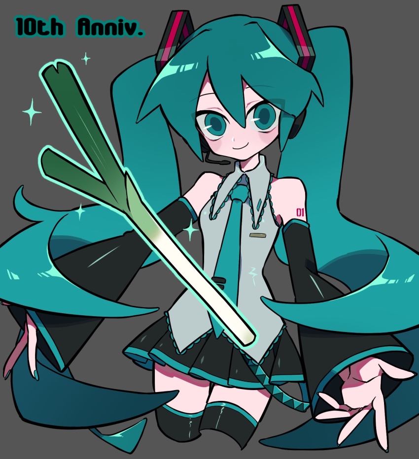 1girl aqua_eyes aqua_hair bare_shoulders blue_eyes blue_hair detached_sleeves hair_between_eyes hair_ornament hatsune_miku highres ibispaint_(medium) long_hair looking_at_viewer mi_(33tb) necktie shirt simple_background skirt sleeveless smile solo spring_onion thighhighs twintails very_long_hair vocaloid