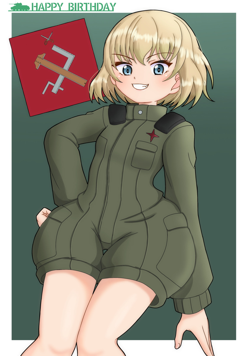 1girl absurdres amanone_yun birthday blonde_hair blue_eyes bob_cut cowboy_shot emblem english_text girls_und_panzer green_background green_jumpsuit grin hand_on_own_hip happy_birthday highres jumpsuit katyusha_(girls_und_panzer) long_sleeves looking_at_viewer pravda_(emblem) pravda_military_uniform short_hair short_jumpsuit smile solo standing