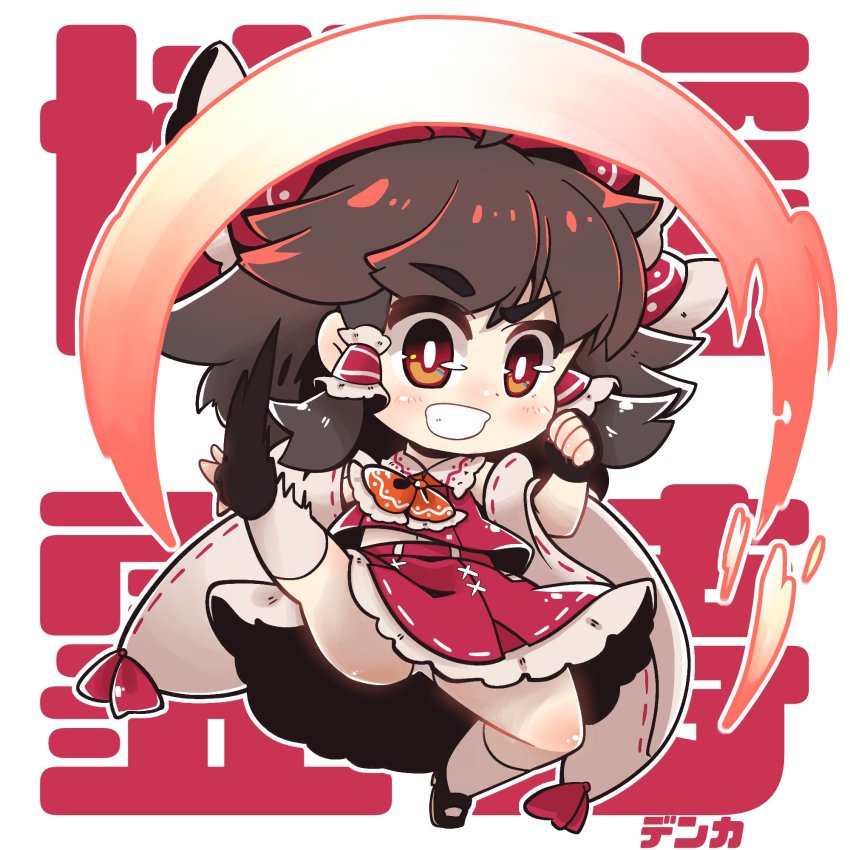 1girl bow brown_hair chibi detached_sleeves dnk fingerless_gloves genocide_cutter gloves hair_bow hair_tubes hakurei_reimu highres kicking long_hair nontraditional_miko panties red_bow red_shirt red_skirt shirt skirt solo the_king_of_fighters touhou underwear white_panties yellow_eyes