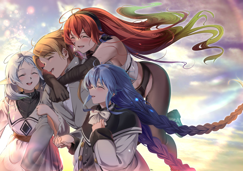 1boy 3girls absurdres bare_shoulders black_gloves black_hairband black_pants blonde_hair blue_hair blush closed_mouth clothing_cutout dress elbow_gloves elf eris_greyrat gloves hairband hetero highres holding_hands hug hug_from_behind husband_and_wives jacket locked_arms long_braid long_hair long_sleeves multiple_girls mushoku_tensei open_mouth outdoors pants pointy_ears red_hair roxy_migurdia rudeus_greyrat shirt short_hair sky sleeveless sleeveless_shirt smile sylphiette_(mushoku_tensei) thigh_cutout very_long_hair white_dress white_hair white_jacket white_shirt yujin_(kanouyuuto-0423)