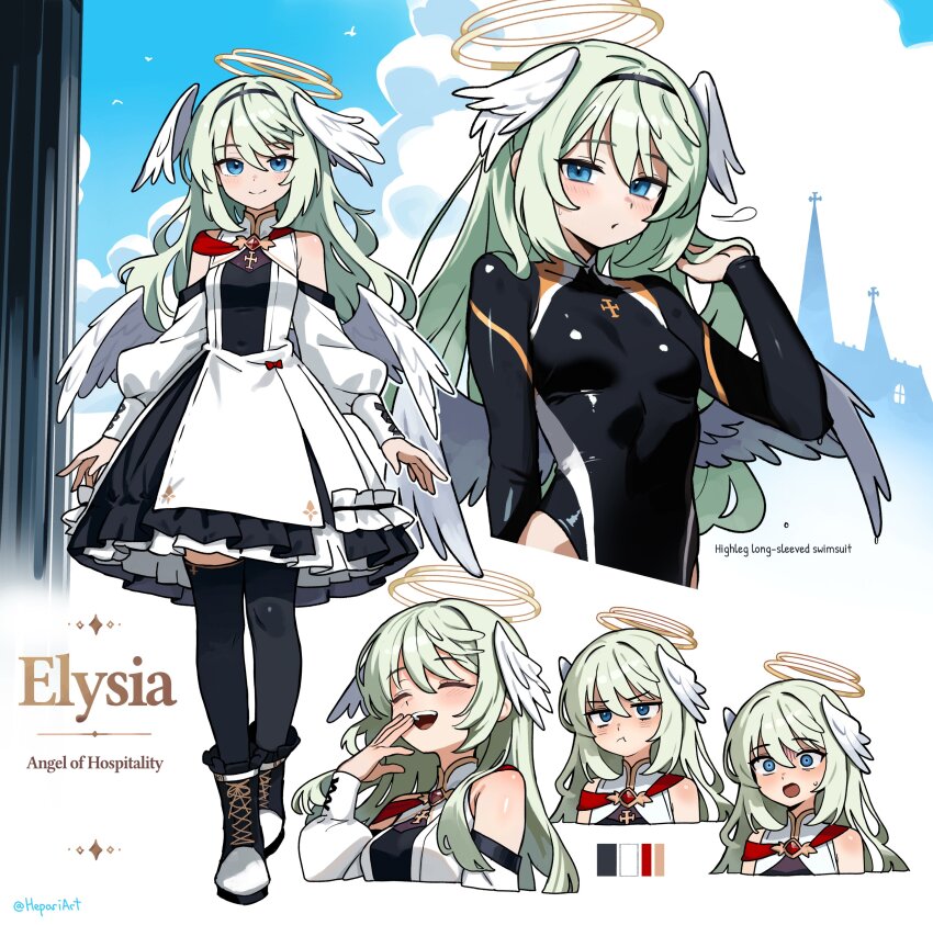 1girl @_@ absurdres angel angel_wings bare_shoulders black_bodysuit black_dress black_thighhighs blue_eyes blush bodysuit boots closed_eyes closed_mouth clothing_cutout cloud cloudy_sky commentary dress english_commentary full_body green_hair hair_between_eyes hairband halo hand_in_own_hair head_wings hepari highres laughing layered_dress long_hair long_sleeves looking_at_viewer multiple_views ojou-sama_pose open_mouth original pout puffy_sleeves pursed_lips reference_sheet shoulder_cutout sky smile solo teeth thighhighs upper_body upper_teeth_only wavy_hair white_dress wings