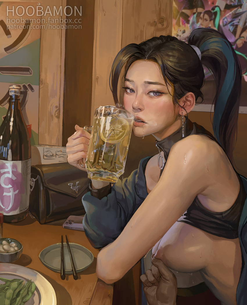 1girl alcohol bag beer beer_mug black_hair black_shirt blue_jacket bottle breasts clothes_lift cup earrings grey_eyes handbag highres hoo_bamon jacket jewelry k/da_(league_of_legends) k/da_kai&#039;sa kai&#039;sa large_breasts league_of_legends looking_at_viewer mug nipple_stimulation nipple_tweak ponytail pov realistic restaurant sake_bottle shirt shirt_lift