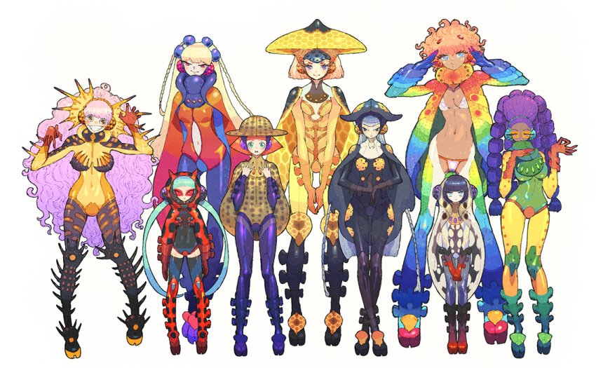 6+girls aqua_hair beetle bikini black_eyes black_hair blonde_hair blue_eyes blunt_bangs blunt_ends bodysuit boots braid breasts breasts_apart bug cape chaps clothing_cutout crazy_eyes crazy_smile crossed_legs curly_hair dark-skinned_female dark_skin earmuffs full_body gloves gradient_hair grey_hair hands_up hat headgear height_difference hood hood_up horned_hood horns insect jacket knee_boots leotard long_hair low_twintails matsumoto_keiko multicolored_hair multiple_girls navel o3o open_clothes open_jacket orange_eyes orange_hair original patterned_clothing personification print_cape purple_hair rainbow_order red_eyes see-through_clothes short_hair shrug_(clothing) skin_tight smile stomach_cutout swimsuit thigh_boots twin_braids twintails v-bangs v_arms very_dark_skin very_long_hair watson_cross wavy_hair