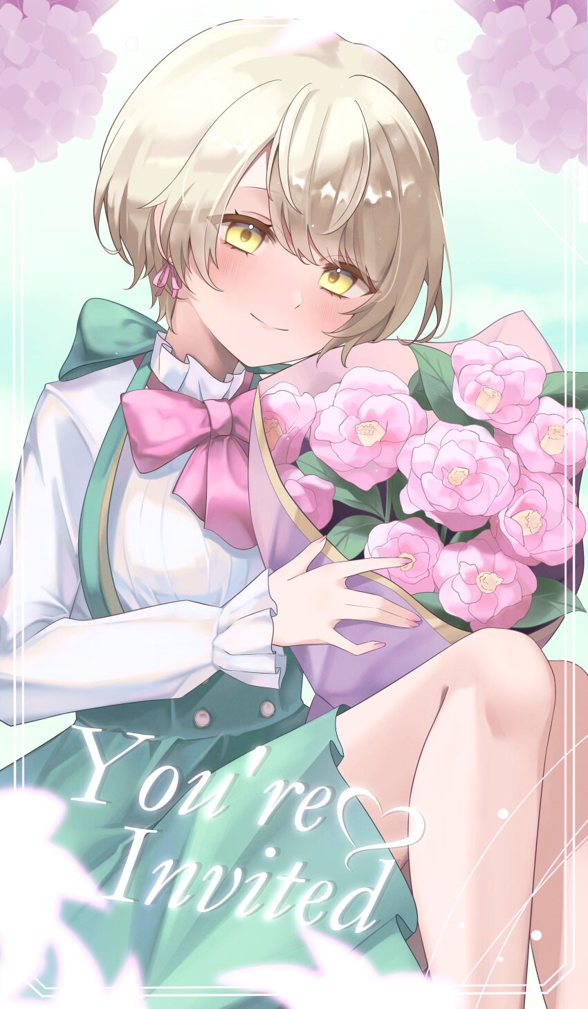 1boy absurdres blonde_hair blurry blush bond_en bondlive bouquet closed_mouth commentary depth_of_field english_commentary english_text flower green_skirt heart high-waist_skirt highres lio_fushimi long_sleeves male_focus midorikka pink_flower ribbon_earrings second-party_source shirt short_hair skirt sleeves_past_wrists smile solo virtual_youtuber white_shirt yellow_eyes