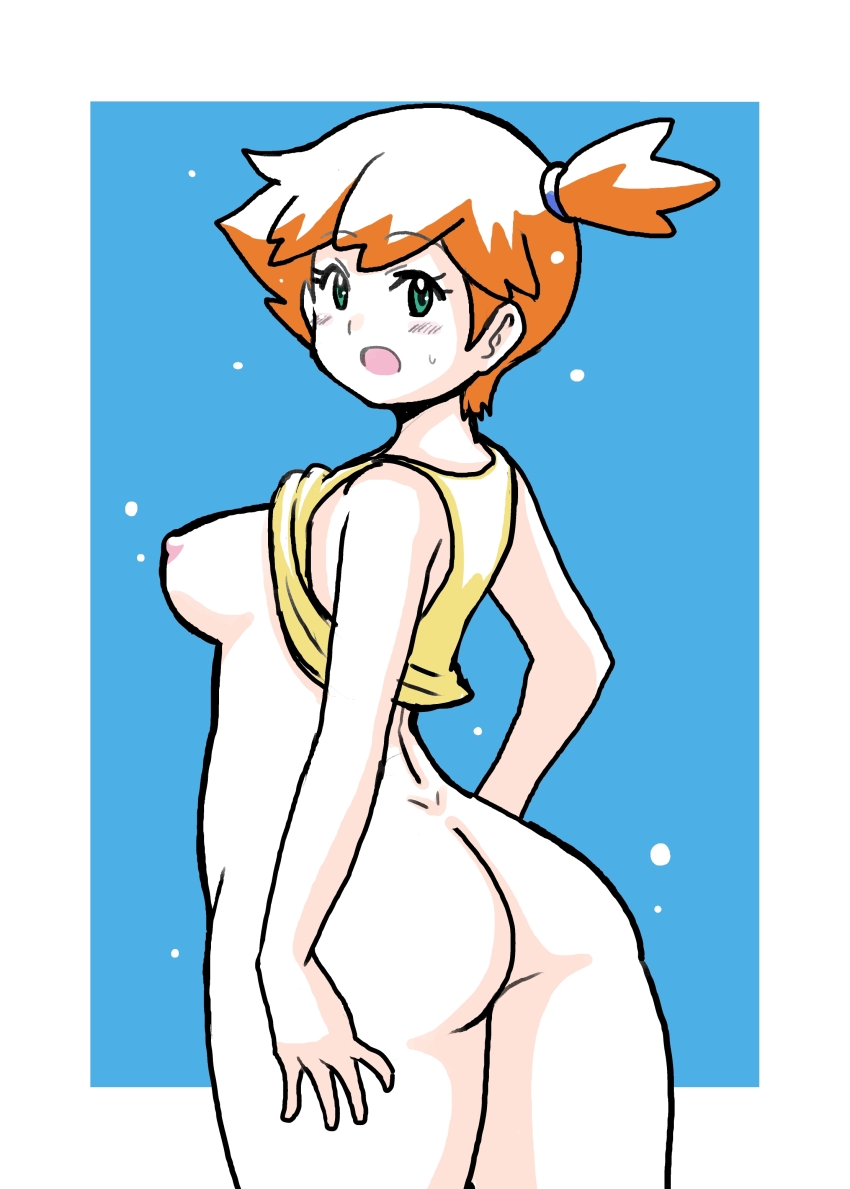 1girl absurdres arm_behind_back ass back bare_arms bare_shoulders blush breasts female_focus gym_leader hair_tie highres huge_ass koutarosu legs medium_breasts misty_(pokemon) nintendo nipples nude open_mouth orange_hair pokemon pokemon_(anime) pokemon_(classic_anime) ponytail shirt simple_background sleeveless solo tank_top thick_thighs thighs white_background yellow_shirt yellow_tank_top