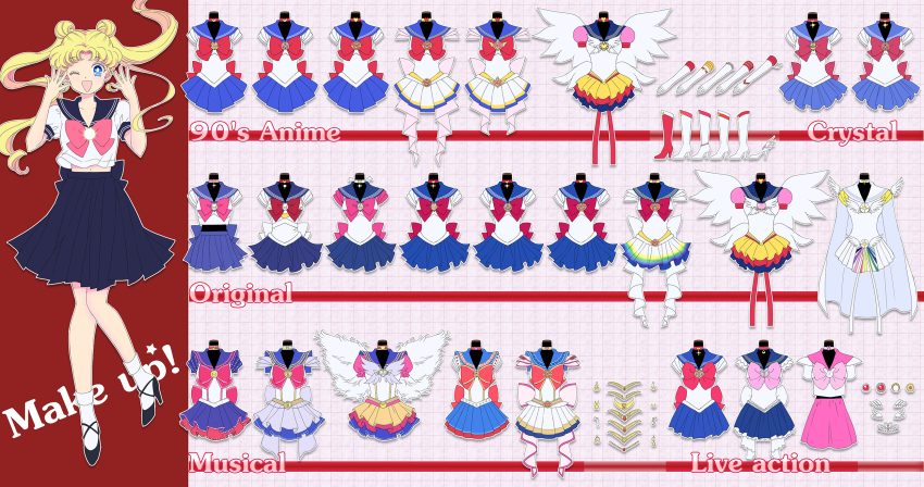 1990s_(style) 1girl ;d bad_id bad_pixiv_id bishoujo_senshi_sailor_moon bishoujo_senshi_sailor_moon_(first_season) bishoujo_senshi_sailor_moon_r bishoujo_senshi_sailor_moon_s bishoujo_senshi_sailor_moon_sailor_stars bishoujo_senshi_sailor_moon_stars bishoujo_senshi_sailor_moon_supers blonde_hair blue_eyes blue_sailor_collar blue_skirt boots bow brooch cape choker costume_chart double_bun eternal_sailor_moon female_focus gloves hair_bun happy heart heart_brooch highres jewelry layered_skirt long_hair multicolored_skirt one_eye_closed open_mouth pink_bow pink_skirt pleated_skirt pretty_guardian_sailor_moon princess_sailor_moon red_boots red_bow retro_artstyle sailor_collar sailor_cosmos sailor_moon sailor_moon_musical sailor_senshi_uniform saki_(hxaxcxk) school_uniform serafuku skirt smile solo super_sailor_moon tsukino_usagi twintails white_boots white_bow white_choker white_gloves wing_brooch wings
