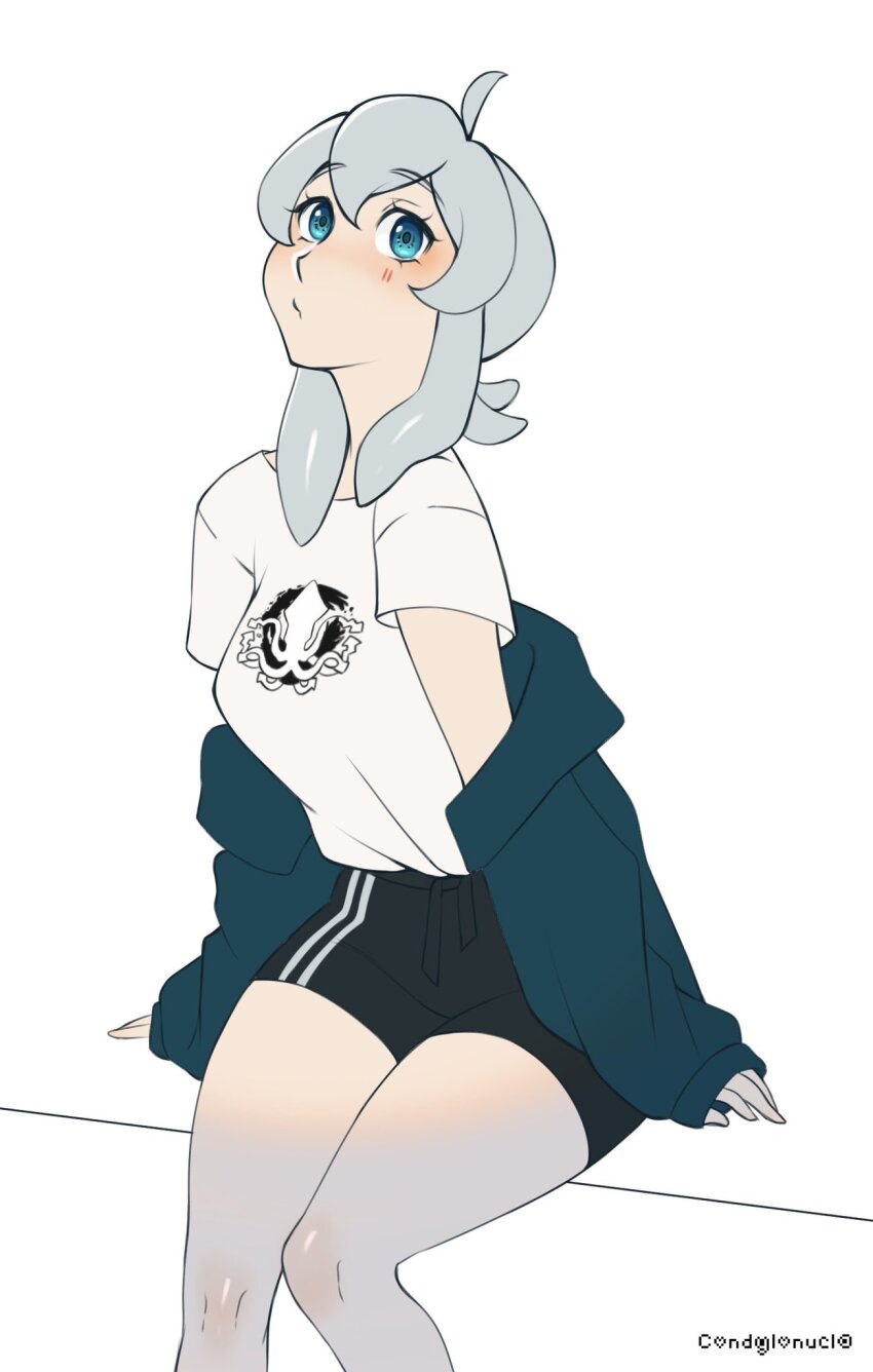 ahoge black_shorts blue_eyes casual chumu_(teuthidan) commission commissioner_upload condylonucla grey_hair highres jacket jacket_partially_removed looking_at_viewer original shirt shirt_tucked_in shorts signature simple_background sitting t-shirt tentacle_hair thighs white_background