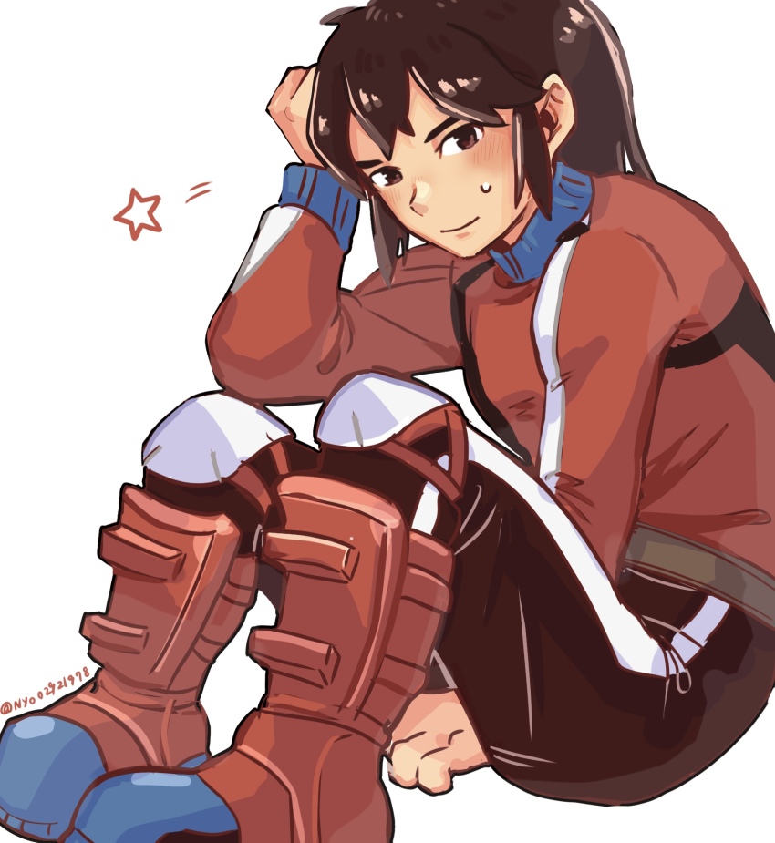1boy blush boots brown_eyes brown_hair closed_mouth commentary highres jacket long_hair looking_at_viewer male_focus mii_(nintendo) mii_brawler mii_brawler_(smash_ultimate) nintendo nyo02921978 pants simple_background sitting smile solo sportswear star_(symbol) super_smash_bros. sweatdrop track_suit twitter_username white_background