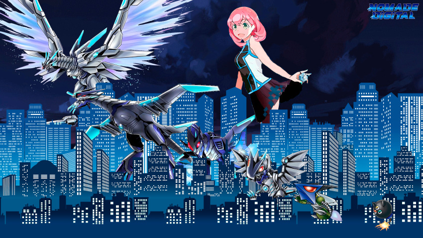1girl :d absurdres bommon bug building butterfly city cloud digimon digimon_(creature) digimon_card_game digimon_linkz digivice evolutionary_line green_eyes highres i_wish insect jazamon jazardmon jazarichmon kurihara_hina layered_skirt metallicdramon missimon night non-web_source open_mouth outdoors pink_hair skirt sky skyscraper smile spanish_commentary