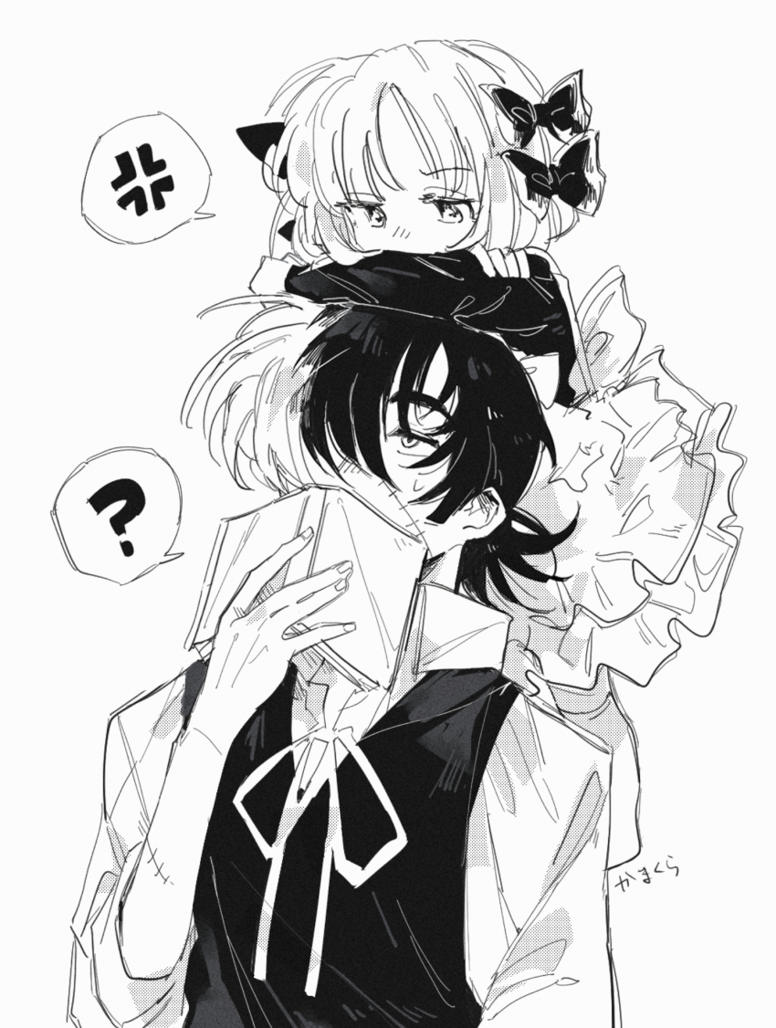 1boy 1girl ? anger_vein arm_at_side artist_name bad_id bad_pixiv_id black_jack_(character) black_jack_(series) book bow chin_rest covering_own_mouth crossed_arms dress greyscale hair_bow head_on_head head_rest highres holding holding_book kamakura_(umi_146) long_sleeves looking_down looking_up monochrome multicolored_hair multiple_hair_bows neck_ribbon pinafore_dress pinoko ribbon scar scar_on_arm scar_on_face shirt short_hair sleeveless sleeveless_dress speech_bubble split-color_hair spoken_anger_vein spoken_question_mark sweat two-tone_hair vest