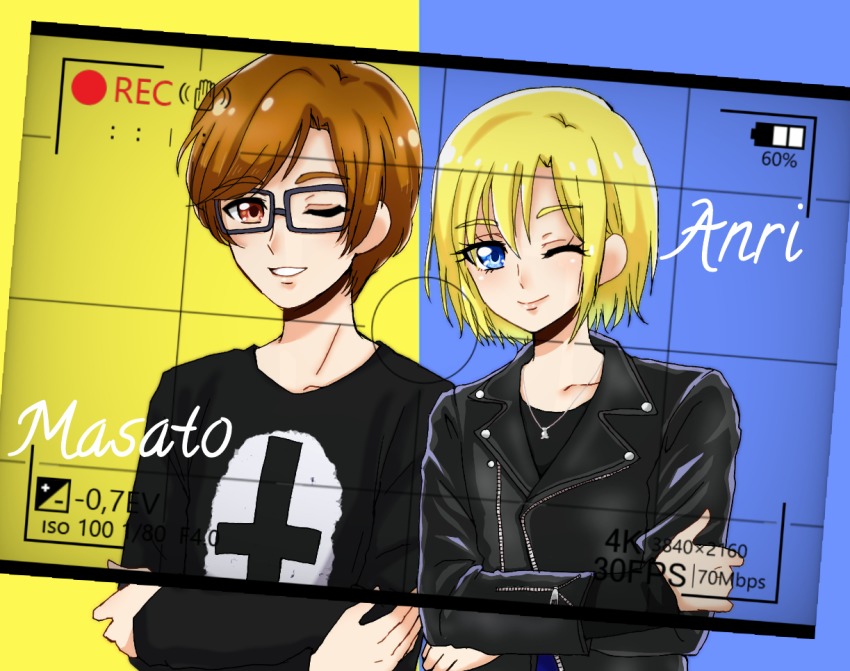 10s 2boys aisaki_masato androgynous bad_id bad_pixiv_id blonde_hair blue_eyes bob_cut brown_eyes brown_hair character_name hugtto!_precure jacket leather leather_jacket looking_at_viewer magical_boy male_focus multiple_boys precure recording reira_(reomimi0211) smile wakamiya_henri