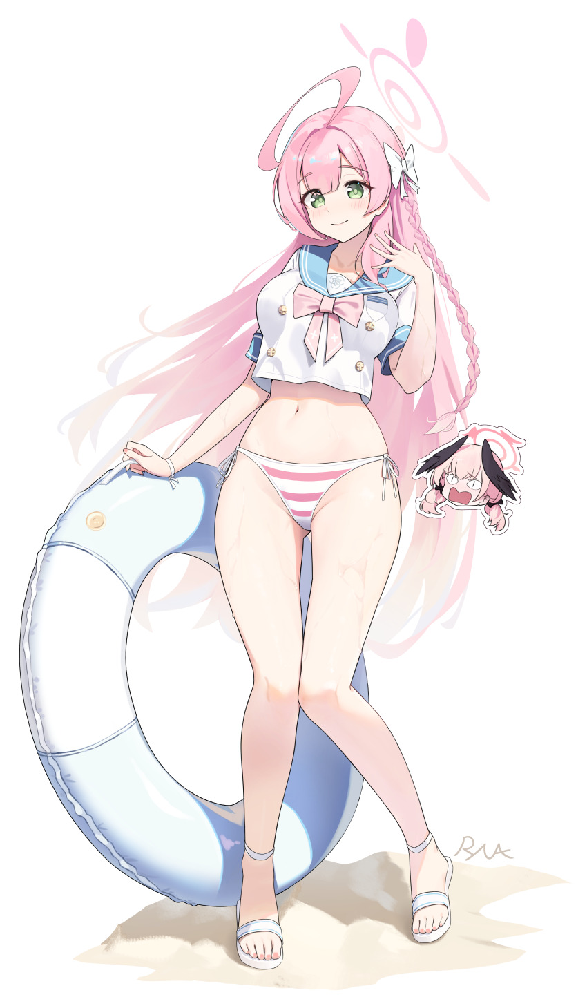 &lt;|&gt;_&lt;|&gt; 1girl absurdres ahoge artist_name bikini bikini_bottom_only black_wings blue_archive blue_innertube blue_sailor_collar bow bowtie braid closed_mouth commentary_request cropped_shirt feathered_wings full_body green_eyes hair_intakes halo hanako_(blue_archive) hand_up head_wings highres huge_ahoge koharu_(blue_archive) long_hair looking_at_viewer navel pink_bikini pink_bow pink_bowtie pink_hair pink_halo ryua_(user_kedz2257) sailor_collar sand shirt short_sleeves side-tie_bikini_bottom simple_background single_braid smile standing striped_bikini striped_clothes swimsuit thighs wet white_background white_bikini white_shirt wings