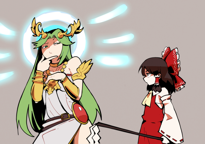 2girls ascot bare_shoulders belt black_eyes bow bracer brown_belt brown_hair closed_mouth commentary contrapposto crossover detached_sleeves doodlerush dress english_commentary gohei green_eyes green_hair grey_background hair_bow hair_tubes hakurei_reimu half-closed_eye halo height_difference holding jitome kid_icarus laurel_crown long_hair long_sleeves medium_hair multiple_girls nintendo palutena red_bow red_skirt red_vest simple_background skirt standing strapless strapless_dress super_smash_bros. thinking touhou vest white_dress yellow_ascot