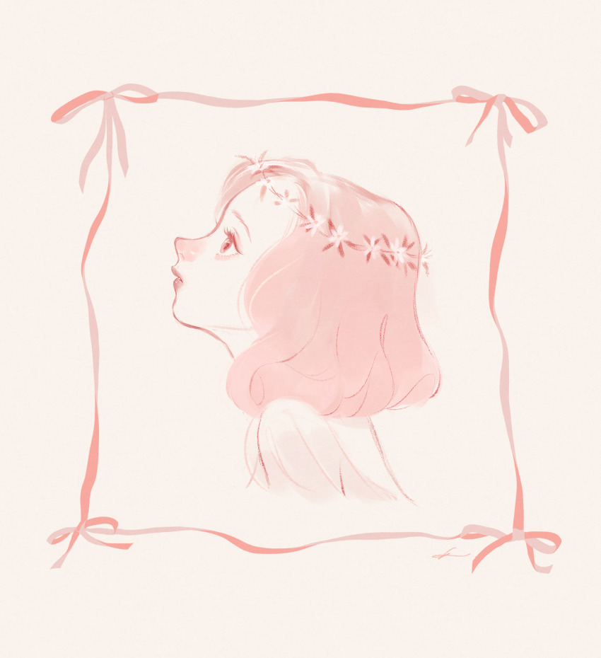 1girl blush eyelashes flower flower_wreath head_wreath highres lips looking_up medium_hair monochrome nose_blush oka-easelandshiro original parted_lips pink_theme portrait profile ribbon solo