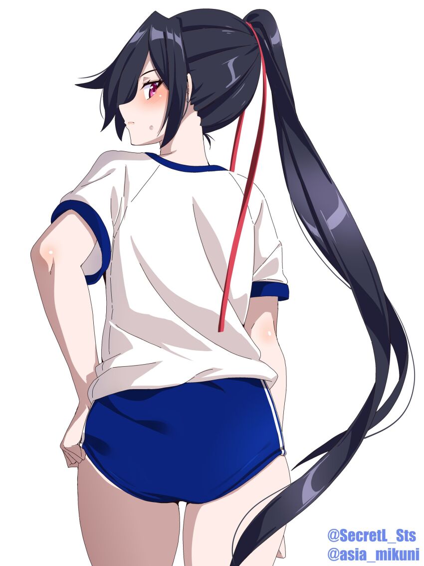1girl absurdres adjusting_buruma adjusting_clothes black_hair blue_buruma blush buruma commentary_request from_behind gym_shirt gym_uniform highres long_hair looking_at_viewer looking_back nose_blush original red_eyes sebunsu shirt simple_background solo t-shirt twitter_username white_background white_shirt