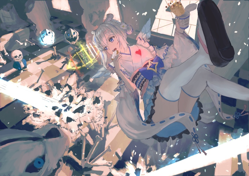 1boy 1girl absurdres amane_kanata angel animal_ears beam black_shorts blue_eyes blue_hair blue_hoodie blue_skirt bone checkered_floor convenient_censoring cup_ramen eating floating food frilled_skirt frills hair_bun hamster_ears hands_in_pockets highres holding holding_food hololive hood hoodie instant_ramen japanese_clothes kimono multicolored_hair nanaushi obi open_mouth pastry sans_(undertale) sash shirt short_hair shorts silver_hair single_hair_bun skeleton skirt skull streaked_hair thighhighs two-tone_hair undertale virtual_youtuber white_kimono white_shirt white_thighhighs wide_sleeves window wings