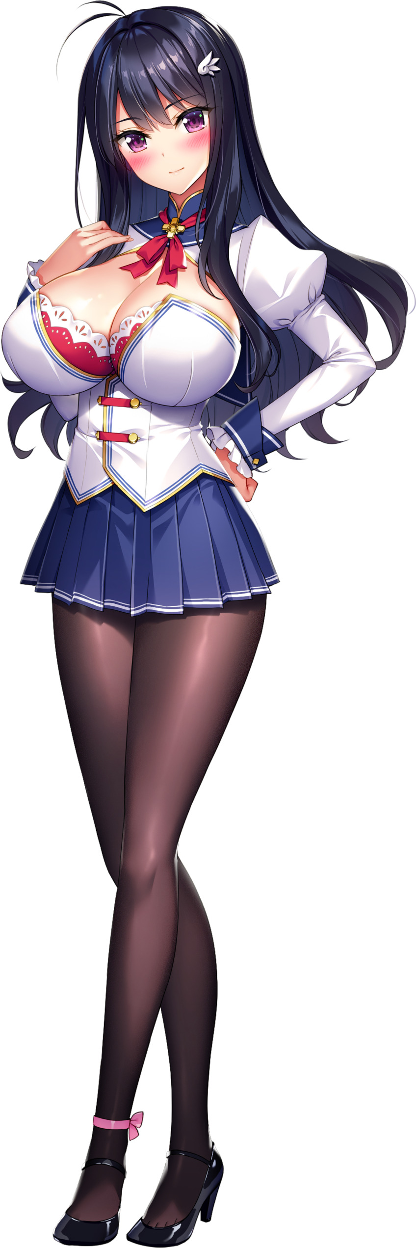 1girl absurdres ahoge ankle_ribbon black_hair black_shoes blue_skirt blush breasts cleavage cleavage_cutout closed_mouth clothing_cutout derauea full_body game_cg hand_on_own_hip high_heels highres jougasaki_rio juliet_sleeves large_breasts leg_ribbon long_hair long_sleeves looking_at_viewer milk_factory motto!_haramase!_honoo_no_oppai_chou_ero_appli_gakuen! non-web_source official_art pantyhose pleated_skirt puffy_sleeves purple_eyes ribbon school_uniform shirt shoes skirt smile solo sprite_art standing tachi-e transparent_background wavy_hair white_shirt wing_hairpin