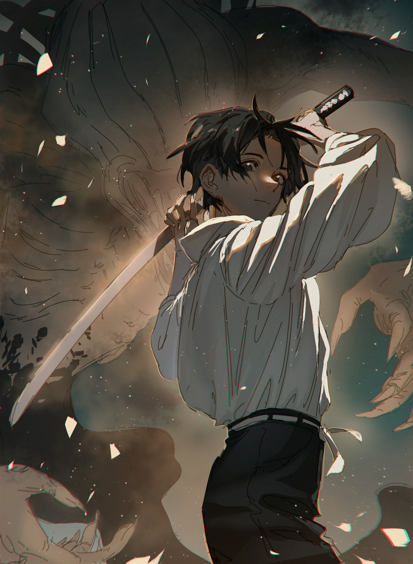 1boy 1other aura belt black_hair black_pants closed_mouth cursed_spirit_(jujutsu_kaisen) expressionless glowing highres holding holding_sword holding_weapon jacket jacket_tucked_in jujutsu_kaisen jujutsu_tech_uniform katana light_particles long_sleeves looking_at_viewer male_focus monster nimiten144 okkotsu_yuuta orimoto_rika pants school_uniform shikigami short_hair simple_background sword weapon white_jacket