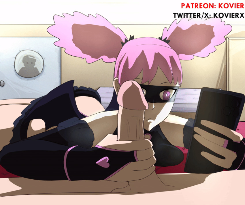 2025 animated animated_gif boku_no_hero_academia bored breast_press breasts costume distracted gloves handjob haneyama_kazuho kovier large_breasts large_penis patreon patreon_username penis people pink_hair twitter twitter_username vigilante_-boku_no_hero_academia:_illegals- watermark