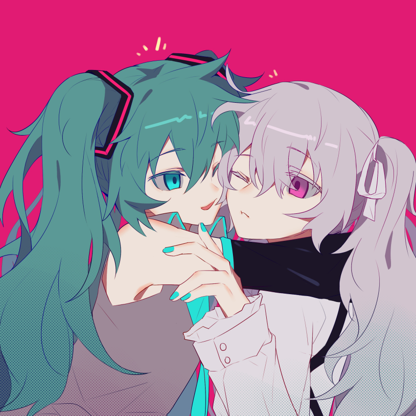25-ji_miku 2girls absurdres aqua_eyes aqua_nails aqua_necktie aqua_trim arm_around_neck armpit_peek bare_shoulders black_sleeves buttons closed_mouth collared_shirt colored_eyelashes detached_sleeves dual_persona expressionless eye_contact frilled_sleeves frills grey_hair grey_shirt hair_between_eyes hair_ornament hair_ribbon hand_up hatsune_miku highres hug long_hair long_sleeves looking_at_another multiple_girls nail_polish necktie notice_lines one_eye_closed open_mouth pink_background pink_eyes project_sekai ribbon shirt sidelocks simple_background sleeveless sleeveless_shirt smile twintails upper_body vocaloid white_eyelashes white_ribbon ximuye