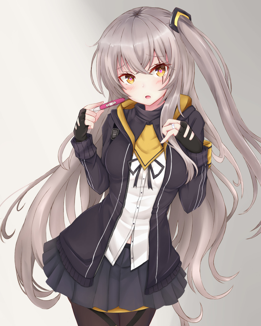 1girl :o absurdres bird-perch black_gloves black_jacket black_pantyhose black_ribbon black_skirt blush breasts fingerless_gloves girls&#039;_frontline gloves grey_hair hand_on_own_chest heart heart-shaped_pupils highres holding holding_pregnancy_test jacket jewelry medium_breasts pantyhose pregnancy_test ribbon ring scar scar_across_eye scar_on_face shirt side_ponytail skirt solo symbol-shaped_pupils ump45_(girls&#039;_frontline) white_shirt yellow_eyes