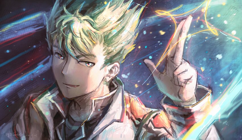 1boy earrings eiyuu_densetsu fang ffuald1013 highres jewelry kevin_graham male_focus salute short_hair smile solo sora_no_kiseki spiked_hair two-finger_salute upper_body
