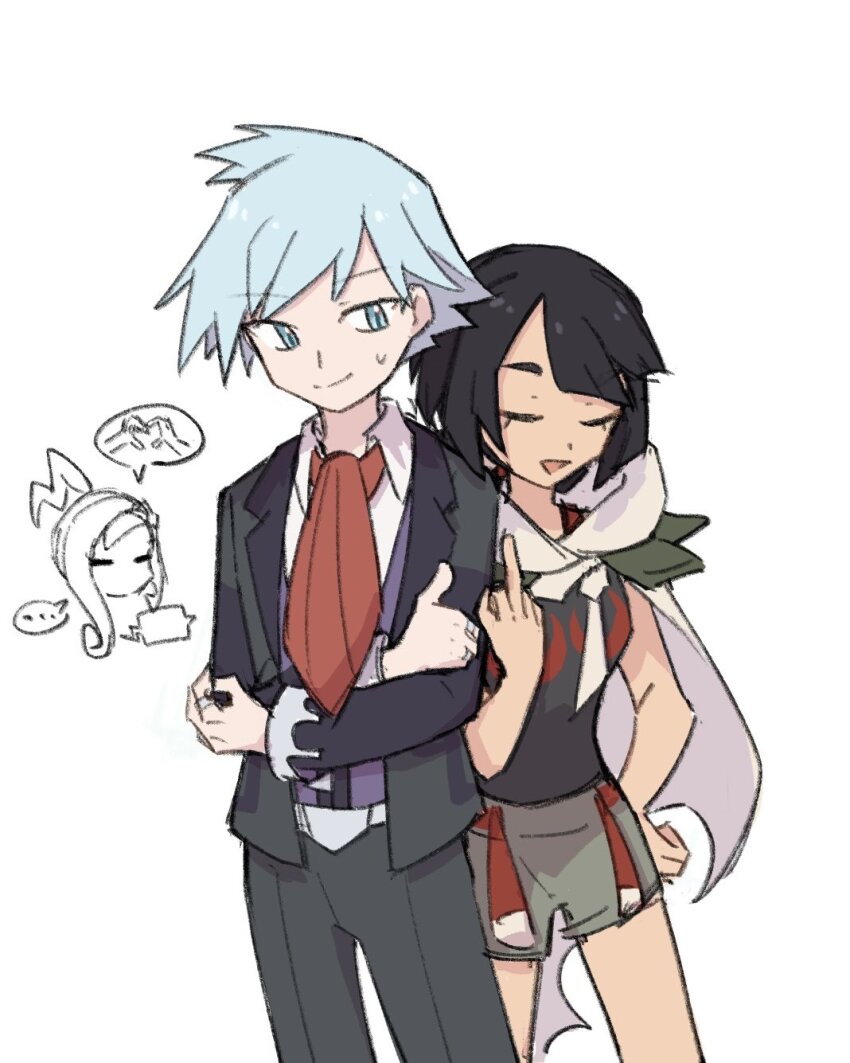 ... 1boy 1girl black_hair blue_eyes blue_hair cape closed_eyes creatures_(company) crossed_arms game_freak gen_4_pokemon heart_hands_failure highres lisia_(pokemon) middle_finger nintendo pokemon pokemon_oras rotom rotom_phone simple_background steven_stone sweatdrop thumbs_up torn_cape torn_clothes white_background xlii_idk zinnia_(pokemon)