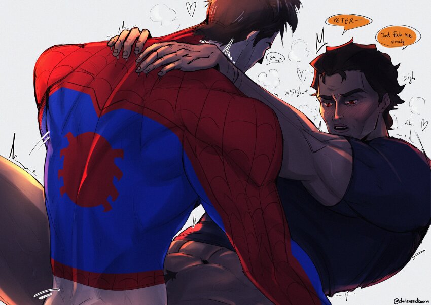 2boys absurdres alternate_costume bara beard_stubble blue_bodysuit blush bodysuit bottomless breath brown_hair bug clothes_lift dark-skinned_male dark_skin darknessdearm facial_hair from_behind hands_on_another&#039;s_shoulders highres implied_anal implied_sex lying male_focus male_pubic_hair marvel mature_male midriff_peek miguel_o&#039;hara motion_lines multiple_boys muscular muscular_male muscular_uke on_back out-of-frame_censoring peter_b_parker print_bodysuit pubic_hair red_bodysuit shirt_lift short_hair skin_tight spider-man:_across_the_spider-verse spider-man_(series) spider-verse stubble thick_eyebrows two-tone_bodysuit yaoi
