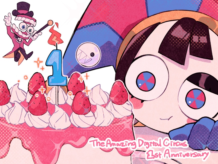 1boy 1girl anniversary blue_gloves blue_hat brown_hair bubble_(the_amazing_digital_circus) caine_(the_amazing_digital_circus) cake candle closed_mouth colored_skin commentary food fruit gloves hair_between_eyes halftone hand_on_table hat highres looking_at_food multicolored_eyes number_candle pomni_(the_amazing_digital_circus) red_hat skn_1027 solo_focus sparkle strawberry strawberry_cake the_amazing_digital_circus two-tone_eyes two-tone_headwear white_skin