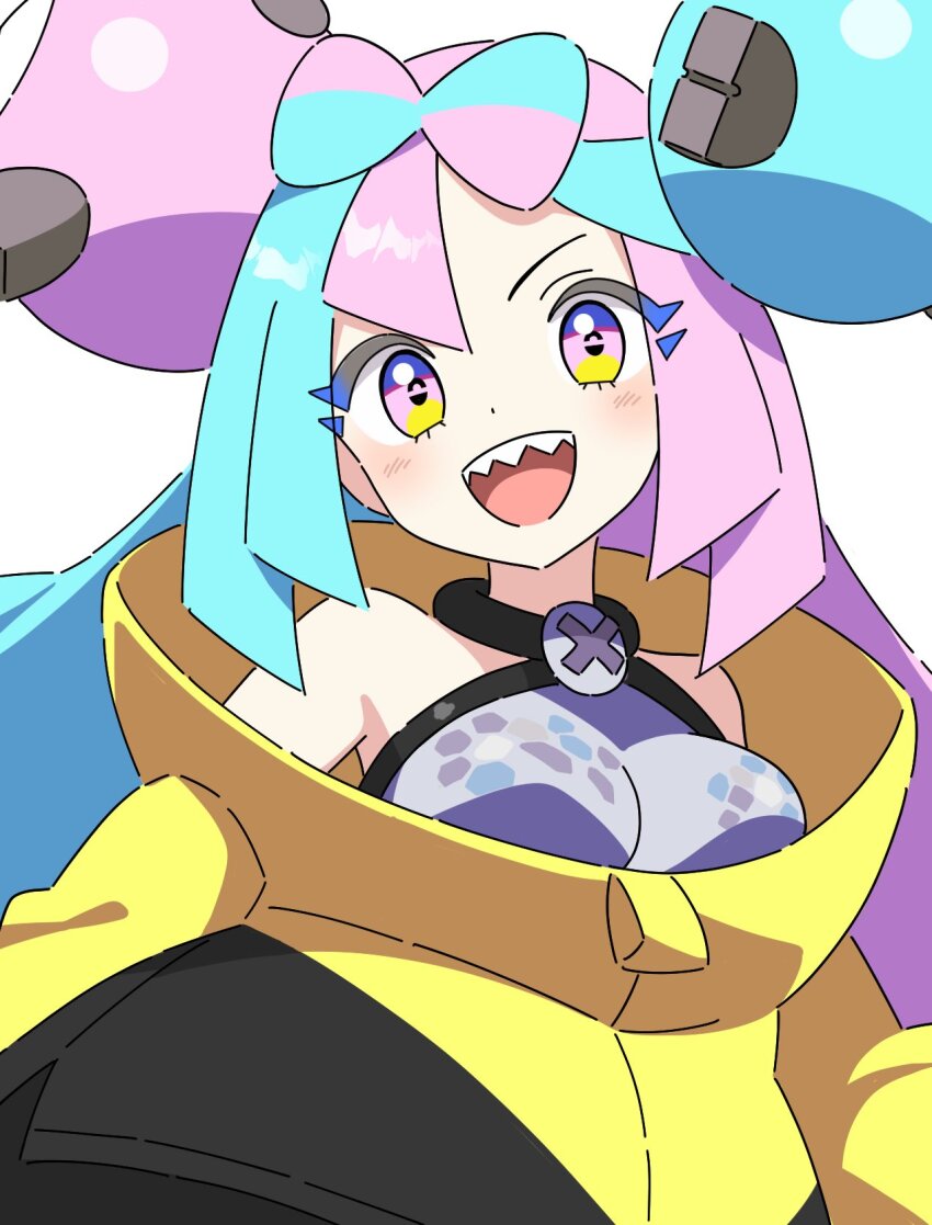 1girl bare_shoulders blue_hair bow-shaped_hair breasts character_hair_ornament fake_hair_bun hair_ornament halterneck hexagon_print highres iono_(pokemon) jacket kousuke0912 long_hair low-tied_long_hair medium_breasts multicolored_hair nintendo open_mouth oversized_clothes pink_hair pokemon pokemon_sv sharp_teeth sleeves_past_fingers sleeves_past_wrists smile solo split-color_hair teeth upper_body very_long_sleeves x yellow_jacket