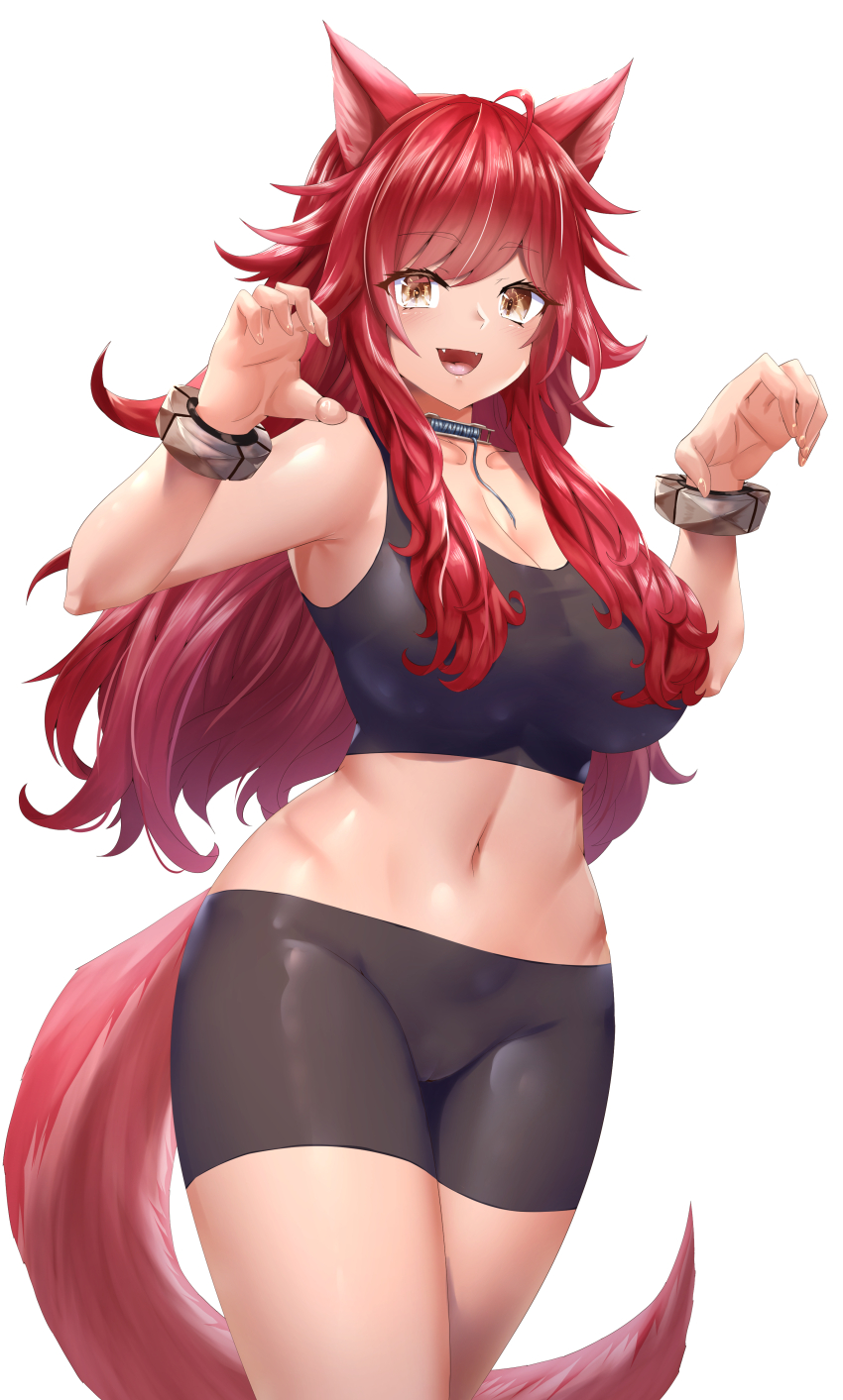 1girl absurdres animal_ears breasts censored claw_pose cleavage curecycadura fangs fenrir_(last_origin) highres large_breasts last_origin looking_at_viewer messy_hair midriff navel nude red_hair short_shorts shorts smile solo sports_bra standing tail tight_clothes white_background wolf_girl wolf_tail yellow_eyes