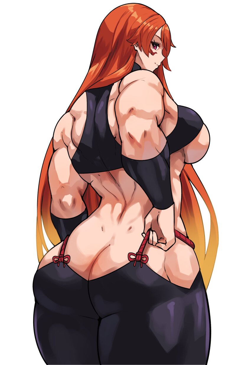 1girl absurdres ass back bare_arms bare_shoulders biceps breasts broad_shoulders bustier butt_crack commentary cromwellb facepaint from_behind fuuma_kotarou_(tenkaichi) gradient_hair halterneck highres large_breasts long_hair looking_at_viewer multicolored_hair muscular muscular_female no_panties orange_hair pants parted_bangs red_eyes red_hair revealing_clothes simple_background smile solo tenkaichi_nihon_saikyou_bugeisha_ketteisen underboob very_long_hair wristband