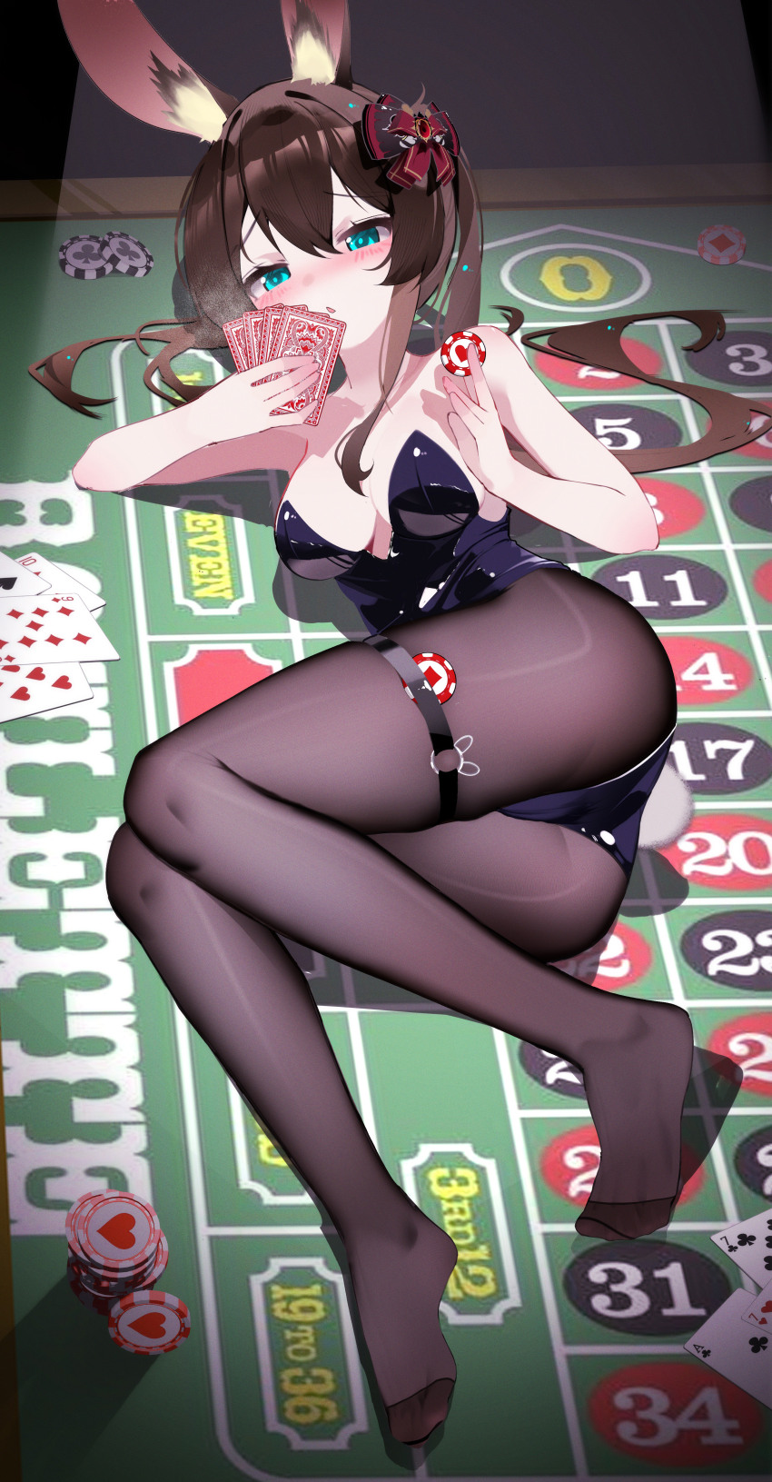 1girl absurdres alternate_costume amiya_(arknights) animal_ears aqua_eyes arknights ass bare_arms bare_shoulders between_fingers black_leotard blush breasts breath brown_hair brown_pantyhose card casino_card_table chinese_commentary commentary full_body grey_tail hair_between_eyes highres holding holding_card jpeg_artifacts leotard long_hair looking_at_viewer lying medium_breasts no_shoes o-ring o-ring_thigh_strap pantyhose parted_lips playboy_bunny playing_card shenmi_de_xigua solo strapless strapless_leotard table tail thigh_strap twisted_torso