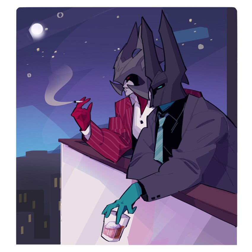2boys aatrox alcohol balcony black_shirt black_suit cigarette city colored_skin formal_clothes glowing glowing_eyes green_eyes green_skin helmet highres league_of_legends looking_ahead male_focus mordekaiser multiple_boys muscular muscular_male necktie night ppul_go1 red_eyes red_skin red_suit shirt suit