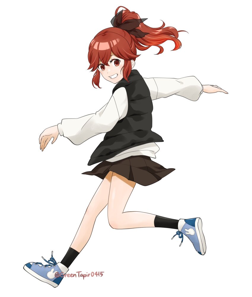 1girl alternate_costume anna_(fire_emblem) anna_(fire_emblem_engage) blue_shoes fire_emblem fire_emblem_engage full_body high_ponytail highres midori_no_baku nintendo ponytail red_eyes red_hair shoes skirt sneakers solo